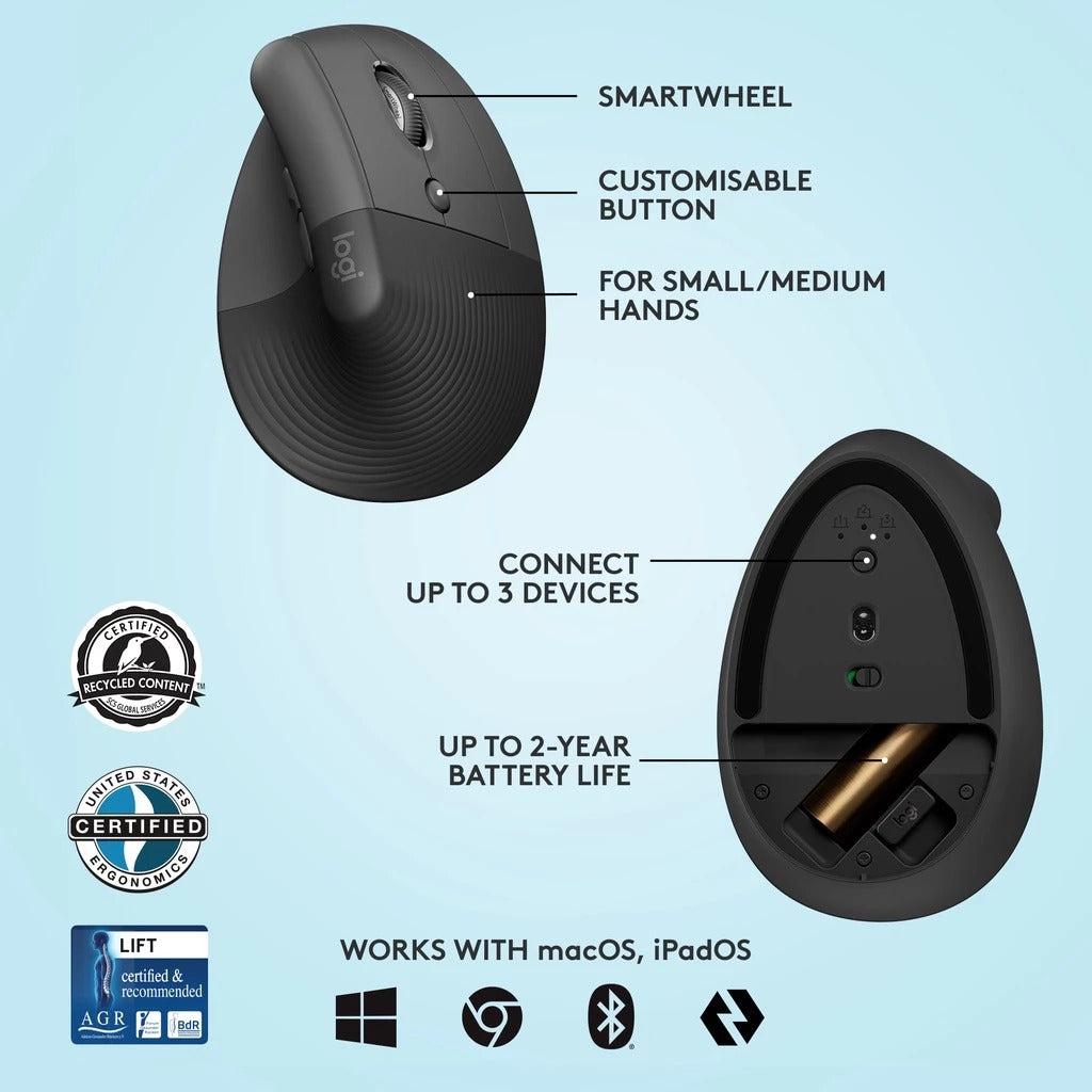 Logitech Lift Vertical Ergonomic Wireless Mouse null Mouse Logitech PLAYBOOKSTORE 097855170842 097855170842