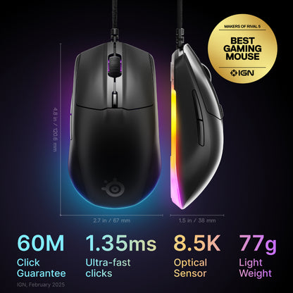 SteelSeries Rival 3 Gen 2 8,500 DPI 3 Zone RGB Lightweight Wired Gaming Mouse